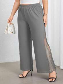 SHEIN PETITE CURVE Pantalones anchos de cintura alta elegantes y de talla grande en color negro con abertura lateral y panel transparente de encaje, perfectos para el uso diario y el trayecto al trabajo, primavera/verano - Gris - Ver 5