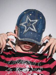 ROMWE Grunge Punk 1 Diamond-Encrusted Baseball Cap, Y2K Style Star Pattern, Casual Design, Adjustable Back Buckle, Daily Personalized Fashion Items - Medium blue - View 2