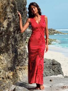 Opulessa 女士时尚度假休闲蕾丝边V领露背连衣裙 - 紅色 - 查看 5