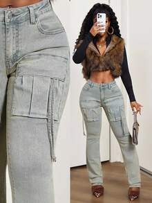 BamGleam Retro Vintage Cargo Pocket Women Jeans