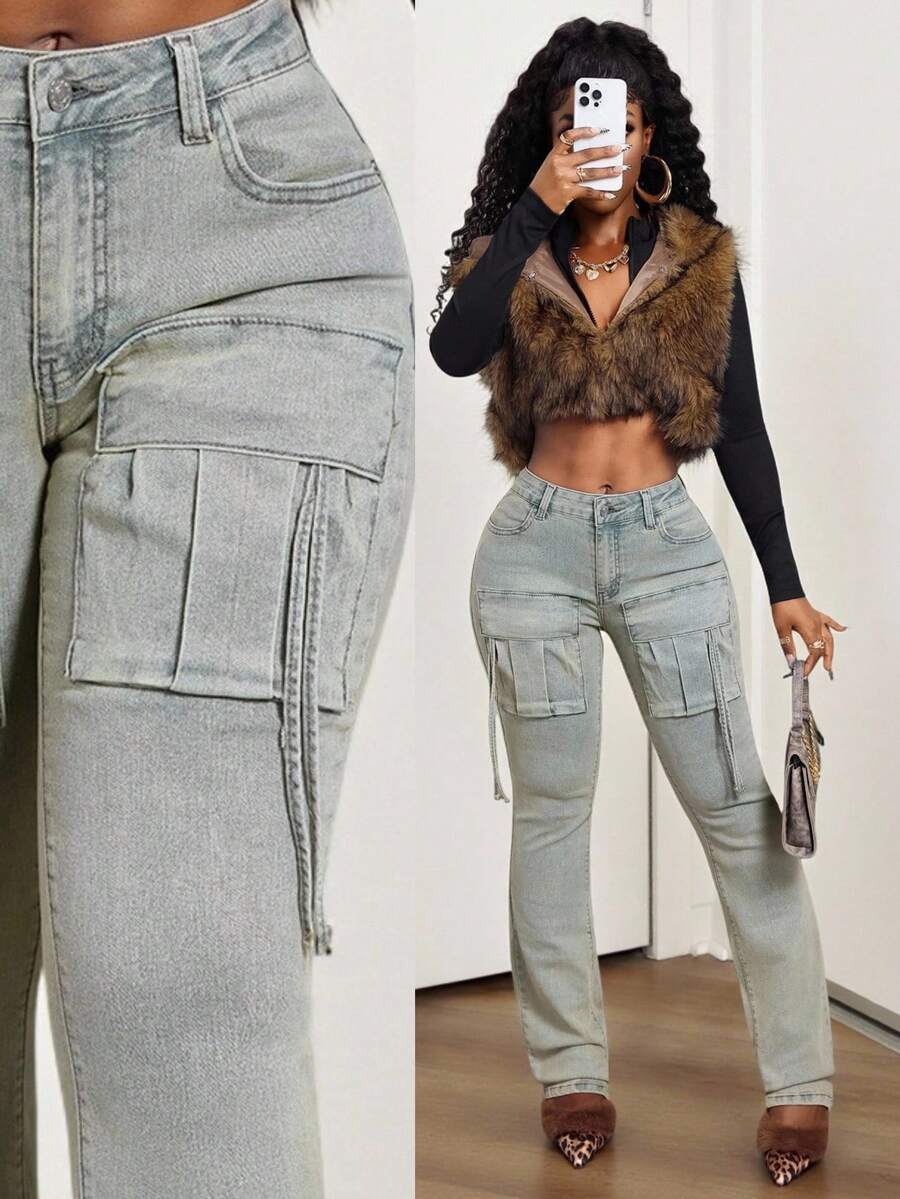 BamGleam Retro Vintage Cargo Pocket Women Jeans