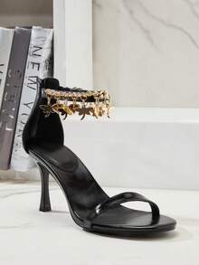 SHUZIA Women's Elegant Round Toe Heart Chain Ankle Strap Stiletto Heeled Sandals Valentine's Day - Black - View 3