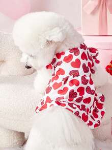 PETSIN 1pc Pet Valentine's Day Red Leopard Print Heart Decor Cap Sleeve Ruffle Hem Button-Front Dress, For Gifts - Multicolor - View 4
