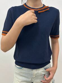 SHEIN Unity Women's Striped Round Neck Casual Oversized Short Sleeve Sweater - Royal Blue - View 1