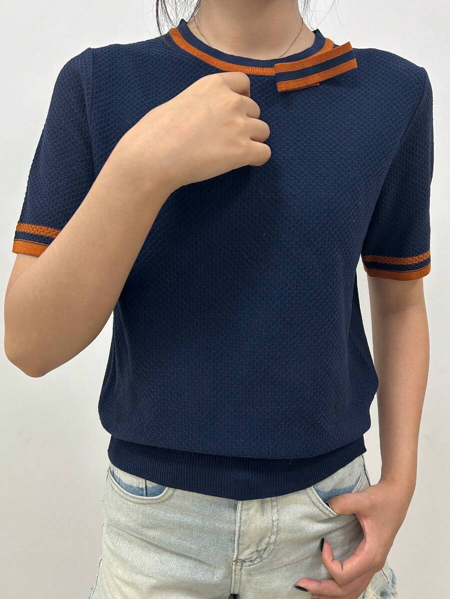 SHEIN Unity Women's Striped Round Neck Casual Oversized Short Sleeve Sweater - Royal Blue - View 1