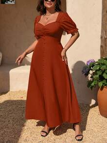 SHEIN LUNE Plus Size Solid Color Sweetheart Neck Slit Elegant Short Sleeve Dress - Redwood - View 7