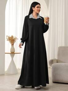 Mulvari 女士条纹衬衫领长袖喇叭下摆连衣裙 - 黑色 - 查看 5
