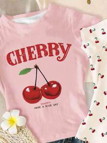 SHEIN 3pcs/Set Tween Girls Fitted Casual Simple Comfortable Round Neck Long Sleeve Snug Fit T-Shirt Suitable For Summer Cherry T-Shirt Cherry Graphic Tee Cherry Print T-Shirt Cute Cherry Shirt Fruit Graphic T-Shirt - Multicolor - View 3