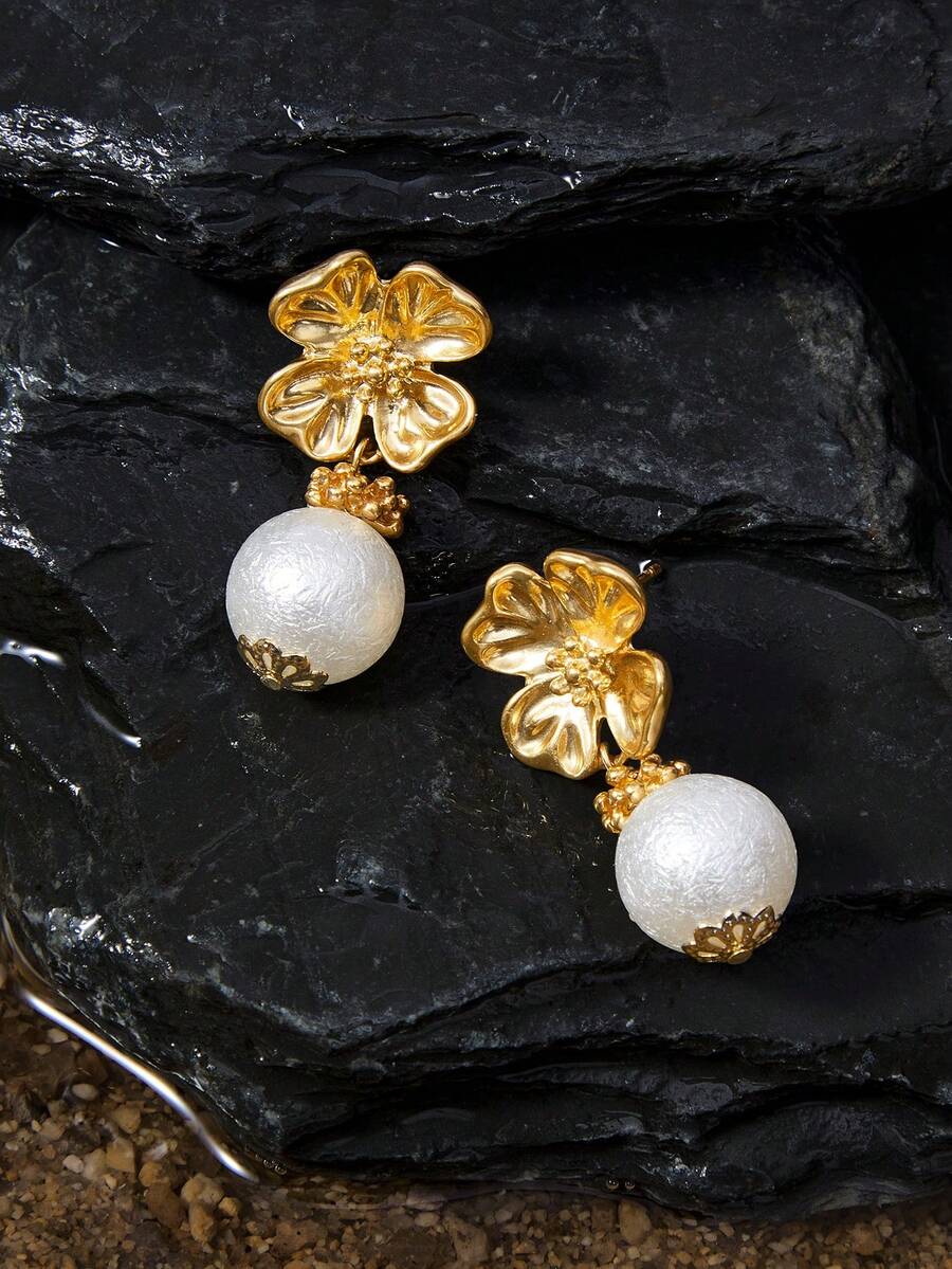 Opalesca 1 Pair Fashionable & Elegant Flower Shaped Pearl Earrings For Women,Outfits,Old Money,Wedding/Bridal Accessories,Western Jewelry,Fairycore/Fairy,Pearl,Fall/Autumn/Winter,For Mom/Women/Girl/Mother,Elegant - Gold - View 1