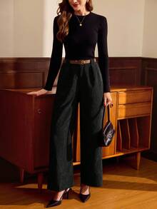 Vintamour 复古优雅女士灯芯绒休闲裤，带口袋和腰带，适合工作和度假，秋季女装，冬季女装，圣诞节女装，沙特阿拉伯国庆节棕色裤子，新年 - 黑色 - 查看 5