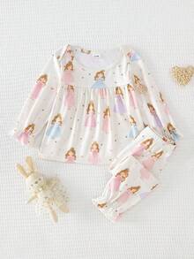 女婴优雅卡通星星印花拼接长袖上衣和裤子舒适睡衣套装 - 彩色 - 查看 1