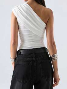 SHEIN EZwear Casual Minimalist White Tube Top Ruched One Shoulder Backless Top Blouse - White - View 2
