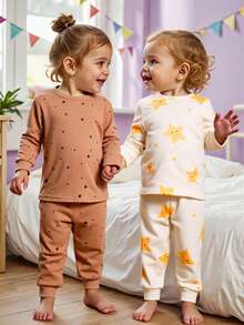 Cozy Pixies 4pcs Baby Girls Snug Fit Pajama Set, Cute Cartoon Star Pattern Knit Soft Round Neck Long Sleeve Top And Elastic Waist Long Pants, Warm Thermal Lined Thick High Stretch Homewear For Winter - Multicolor - View 7
