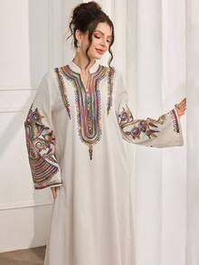 Al Najma 女士优雅时尚日常通勤连衣裙，宽松版型，花卉蕾丝饰边领口和袖口，浅色 - 杏色 - 查看 6