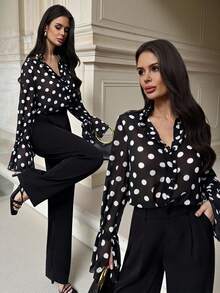 Firerie Áo sơ mi nữ dài tay, cổ bèo nhún, chất liệu chiffon, họa tiết chấm bi mới, kiểu dáng cổ điển, phong cách Pháp, tay dài, viền bèo lãng mạn, thanh lịch, công sở, lãng mạn, thường ngày, tối giản, trang phục công sở. - Đen và trắng - Xem 2