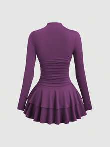 SHEIN PETITE 女士红色长袖高领褶皱腰身复古连衣裙，秋冬款 - 紫色 - 查看 2