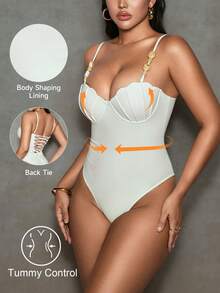 Shapewave 女士收腹贝壳杯钢圈褶皱连体泳衣，精致度假装 - 米色 - 查看 9