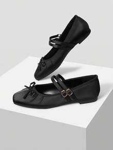 MOTF WOMEN'S ELEGANT MINIMALIST COMMUTING SOLID COLOR BOW DECOR DOUBLE BUCKLE STRAPS BALLET FLATS SHOES FOR CHRISTMAS VALENTINE'S DAY SPRING SHOES - Black - View 9