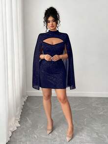 Elenzga Váy Poncho cổ đứng thiết kế thời trang lấp lánh gợi cảm cỡ lớn cho nữ - Màu xanh hải quân - Xem 3