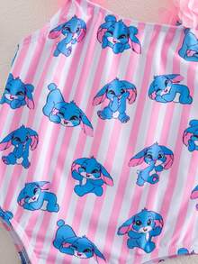 SHEIN 女婴无袖兔子印花3D花卉装饰连体泳衣，夏季 - 粉色 - 查看 4