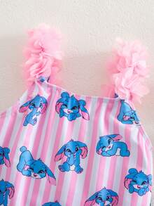 SHEIN 女婴无袖兔子印花3D花卉装饰连体泳衣，夏季 - 粉色 - 查看 5