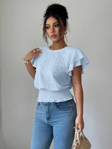 Elenzga Women's Summer Casual Vacation Jacquard Round Neck Ruffle Sleeve T-Shirt - Baby Blue - View 5