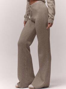 MUSERA 针织抽绳腰阔腿宽松长裤，仅下装，秋季复古乡村风，返校季休闲家居裤，女士奶油糖色优雅晚宴派对春季款 - 卡其色 - 查看 3