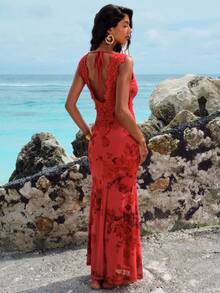 Opulessa 女士时尚度假休闲蕾丝边V领露背连衣裙 - 紅色 - 查看 6