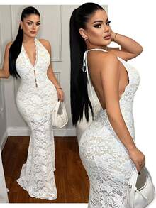 SHEIN SXY Low Neck Lace Sexy & Elegant White Dress,Lace,New Year,Party ,Club ,Sexy ,Elegant ,Elegant, White Mermaid Dress, White Sexy Dress, White Lace Dress Women, Elegant White Dress Curve, Slay Diva Dress,White Dresses For Women - White - View 6