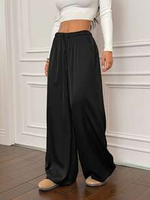 SHEIN PETITE Váy dài màu nâu marl đa năng, chất liệu satin cổ điển, lưng thấp dành cho nữ - màu đen - Xem 6