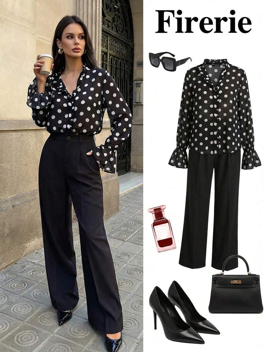 Firerie Áo sơ mi nữ dài tay, cổ bèo nhún, chất liệu chiffon, họa tiết chấm bi mới, kiểu dáng cổ điển, phong cách Pháp, tay dài, viền bèo lãng mạn, thanh lịch, công sở, lãng mạn, thường ngày, tối giản, trang phục công sở. - Đen và trắng - Xem 1