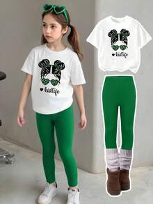 2pcs/Set Girls Casual Chic Leopard Print Sunglasses & Silhouette Pattern Short Sleeve T-Shirt And Leggings Set 2 Piece Girls Shirt Set Green Girls Green Outfit Set Kidlife Outfit Girls Tshirt And Leggings Set Green Leggings Girls Outfit Girl Green Outfit Set Girls Green Leggings Set - Multicolor - View 4