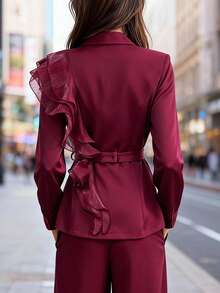 EMERY ROSE 女士优雅奢华正式礼服套装，亮片欧根纱荷叶边领带西装套装，包含长袖外套和直筒裤，酒红色，适合万圣节、圣诞节、新年派对、毕业典礼、婚礼等场合。 - 酒紅色 - 查看 2