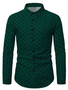 Manfinity Homme Loose Fit Men's Polka Dot Print Casual Long Sleeve Shirt Green Shirts For Men Mens Casual Tops Cheetah Print Men Shirt Men Casual Long Sleeve Shirts Men Fashion Shirt Old Money,Daily Leisure, Weekend Trips, Outdoor Activities, Travel Expeditions, Relaxed Work Environments Or Semi-Formal Occasions, Boyfriend/Husband Gift, Anniversary /Birthday Gift Party Christmas New Years Wedding - Dark Green - View 3
