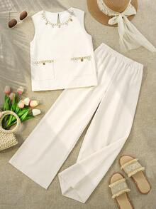 Sparklyn 少女休闲蕾丝边无袖上衣带口袋和直筒裤度假套装 - 白色 - 查看 12