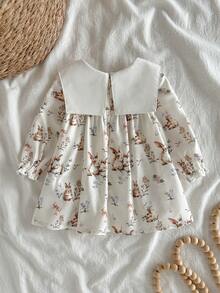 Loomiva Newborn Baby Girl Floral Print Colorblock Sailor Collar Long Sleeve Waist Dress - Multicolor - View 6