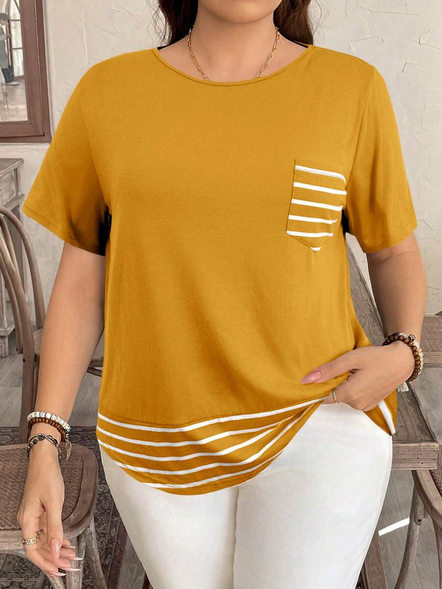 SHEIN LUNE Kaos Kasual Ukuran Besar Motif Garis-Garis Patchwork Kontras Warna dengan Dekorasi Saku, Gaya Western, Atasan Warna Mustard, Kaos Kuning - Kuning - View 1