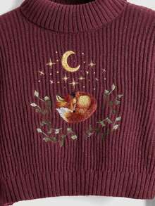 ROMWE Fairycore Women's Casual Versatile Commuting Fox Embroidery Pattern Turtleneck Long Sleeve Sweater, Suitable For Autumn/Winter - Burgundy - View 2