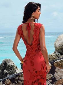 Opulessa 女士时尚度假休闲蕾丝边V领露背连衣裙 - 紅色 - 查看 4