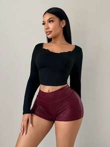 SHEIN SXY Women's High Waist Faux Crocodile Textured Skinny Short Leggings - Burgundy - View 4