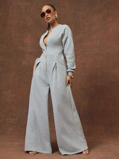Vixey Light Heather Grey Heavy Weight Fleece Sweatshirt Long Sleeve Wide Leg Jumpsuit