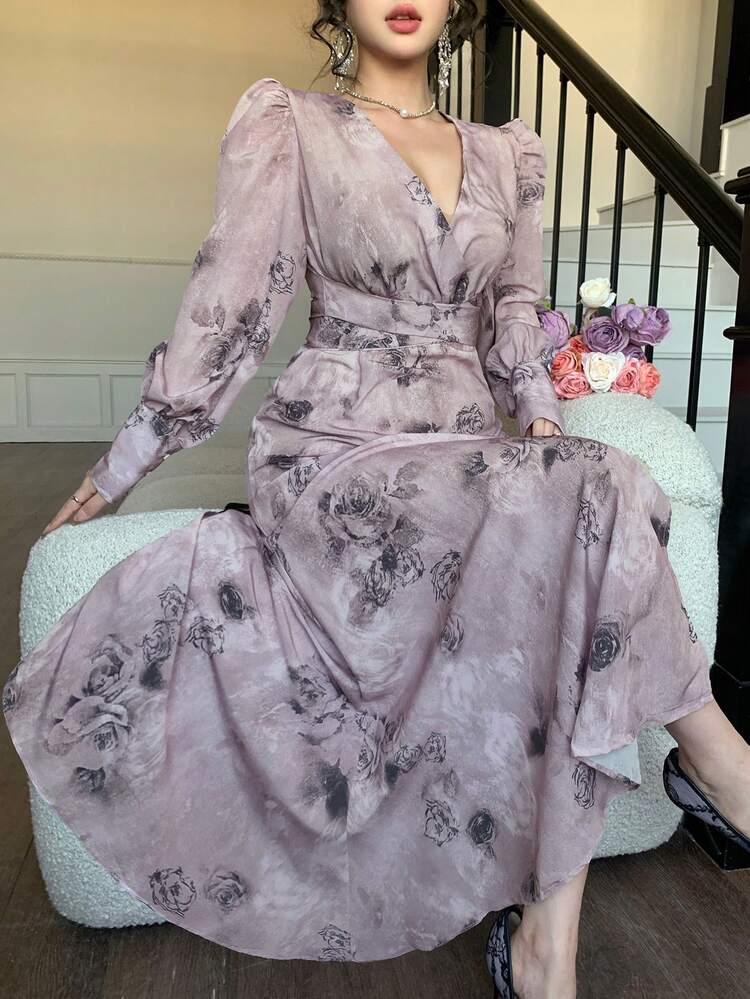 Women's V-Neck Wrap-Style Tie-Up Floral Print Elegant Mid-Length Dress Maxi Dress Sundress