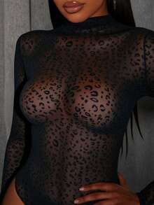 Slaydiva Bodysuit Jala Hitam Wanita, Motif Leopard Transparan Lengan Panjang dengan Manset Berkerut, Tanpa Punggung, Lapisan Dasar Ramping untuk Musim Panas, Klub Malam, dan Pesta Kolam Renang - Hitam - View 14