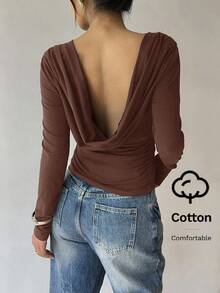 Siren Gaze Áo thun tay dài dáng rộng, dáng chữ V sâu, xếp ly màu trơn thời trang dành cho nữ - Cà phê nâu - Xem 11