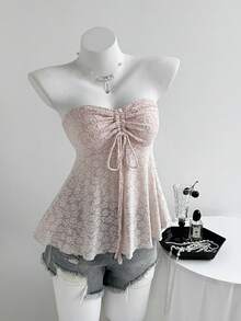 SHEIN Unity Women's Pink Jacquard Drawstring Strapless Ruffle Hem Top, Spring/Summer - Pink - View 3