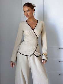 Siren Gaze 两件套女士撞色滚边V领裹身长袖上衣和阔腿裤套装 - 杏色 - 查看 4