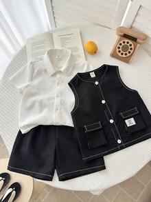 3pcs/Set Young Boy Korean Style Casual Collared Short Sleeve Shirt, Contrast Stitching Loose Vest, And Elastic Waist Shorts Set, Suitable For Commuting, School, Daily Leisure - Black and White - View 3
