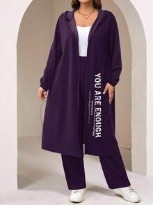 Veilorie Bộ 2 món/Bộ áo khoác hoodie và quần dài in khẩu hiệu thường ngày cỡ lớn, bộ trang phục mùa thu 2 món - Màu tím - Xem 3
