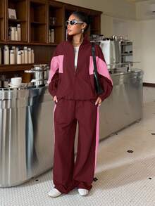 Muchica 两件套女士运动撞色拉链外套和阔腿裤宽松版型套装 - 彩色 - 查看 5