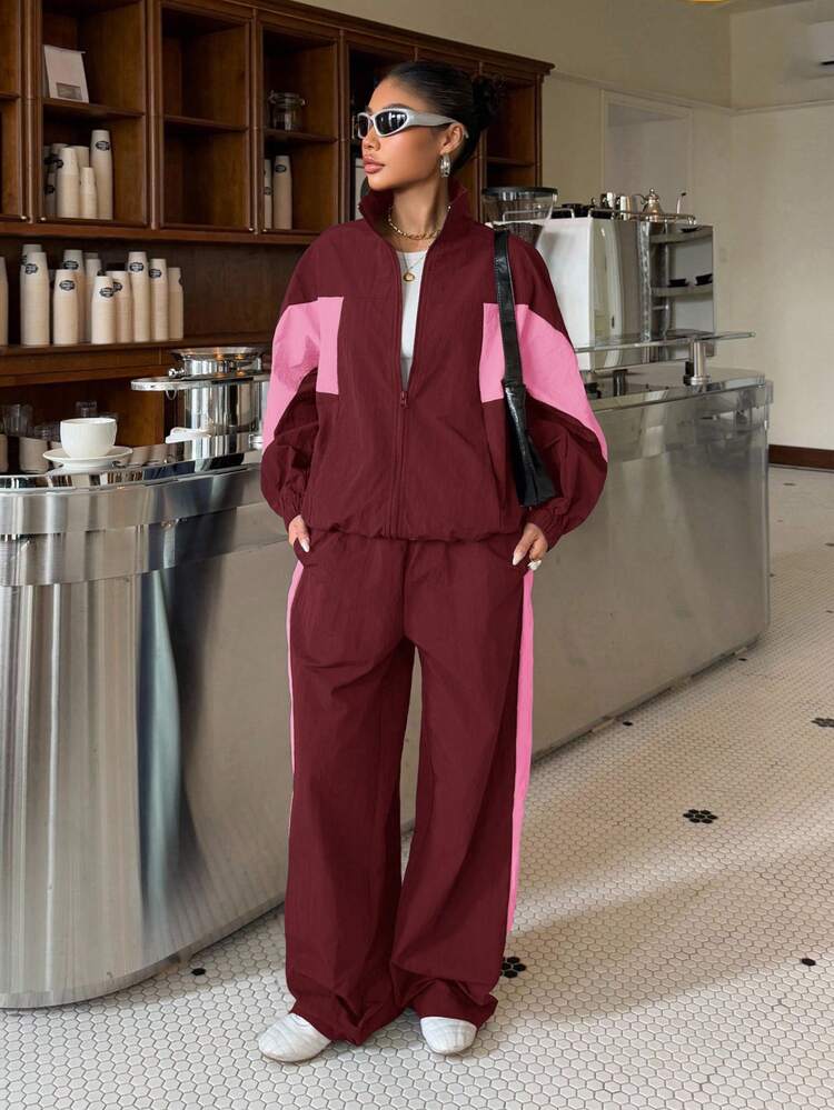 Muchica 2pcs Women Sporty Color Block Zip Front Jacket And Wide